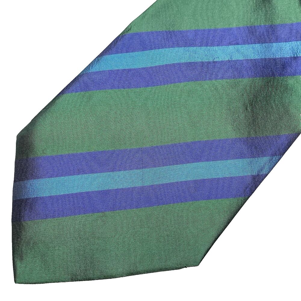 Audrey Buchner Silk Tie Wide Striped Hand Tailored Vintage Power Green Blue Mens